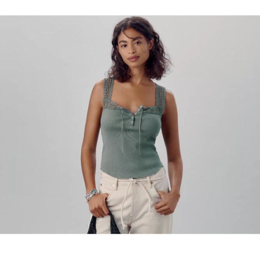 NWT Anthropologie Crochet Lace Trim Tank Top, XL Green